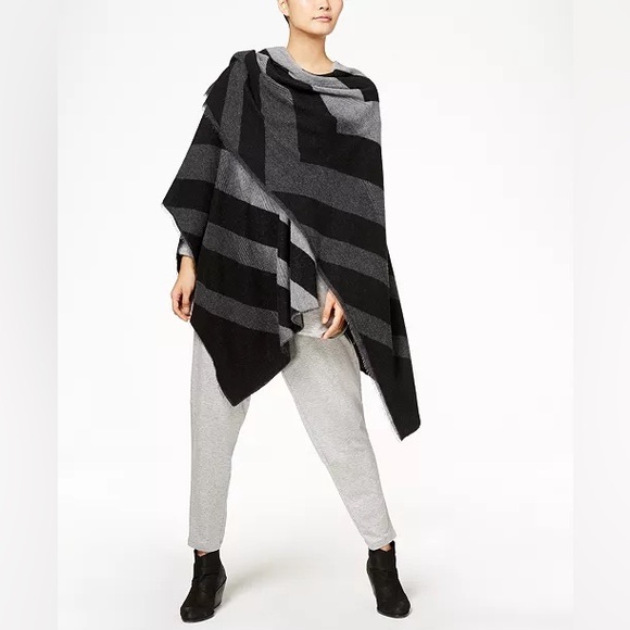 Eileen Fisher Black and Light Gray Wool Office Winter Poncho Wrap Kimono Shawl - Picture 3 of 15